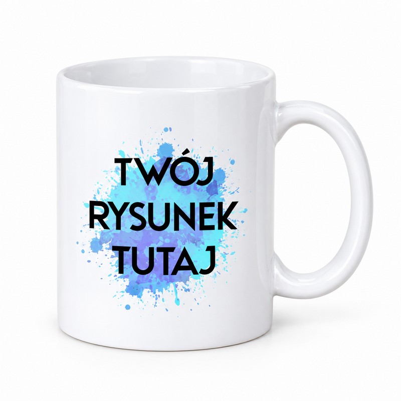 Biały kubek ceramiczny z własnym rysunkiem dziecka i kolorowym nadrukiem