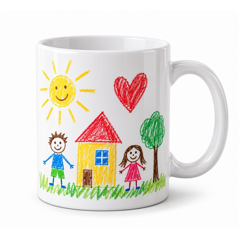 Personalizowany kubek ceramiczny z kolorowym dziecięcym rysunkiem rodziny