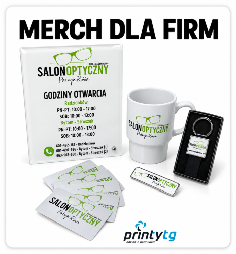 Merch dla firm — realizacja PrintyTG dla Salon optyczny Patryk Róża
