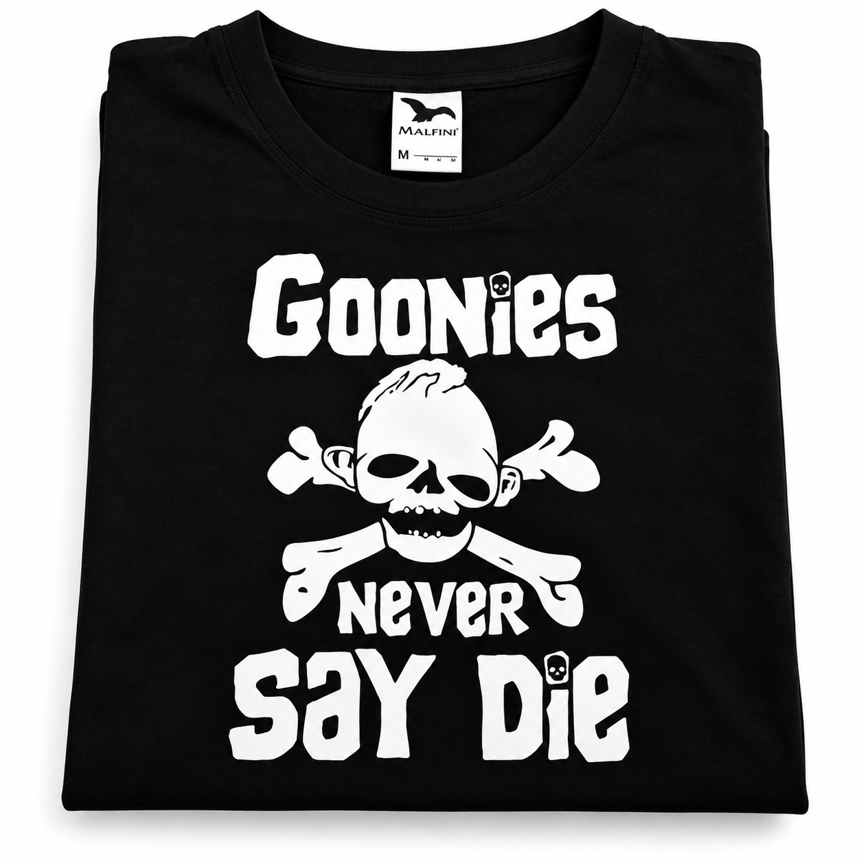 Czarna koszulka Malfini z białym nadrukiem Goonies Never Say Die – realizacja PrintyTG