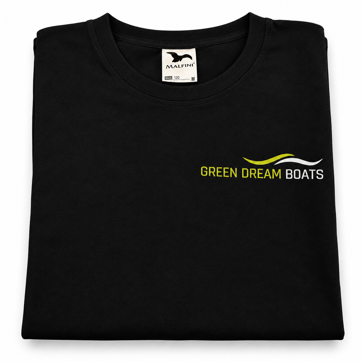 Czarna koszulka Malfini z nadrukiem Green Dream Boats – realizacja PrintyTG