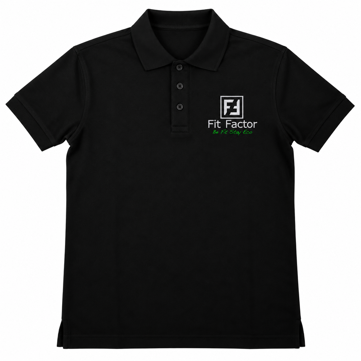 Czarna koszulka polo z logo Fit Factor i napisem Be Fit Stay Eco – realizacja PrintyTG