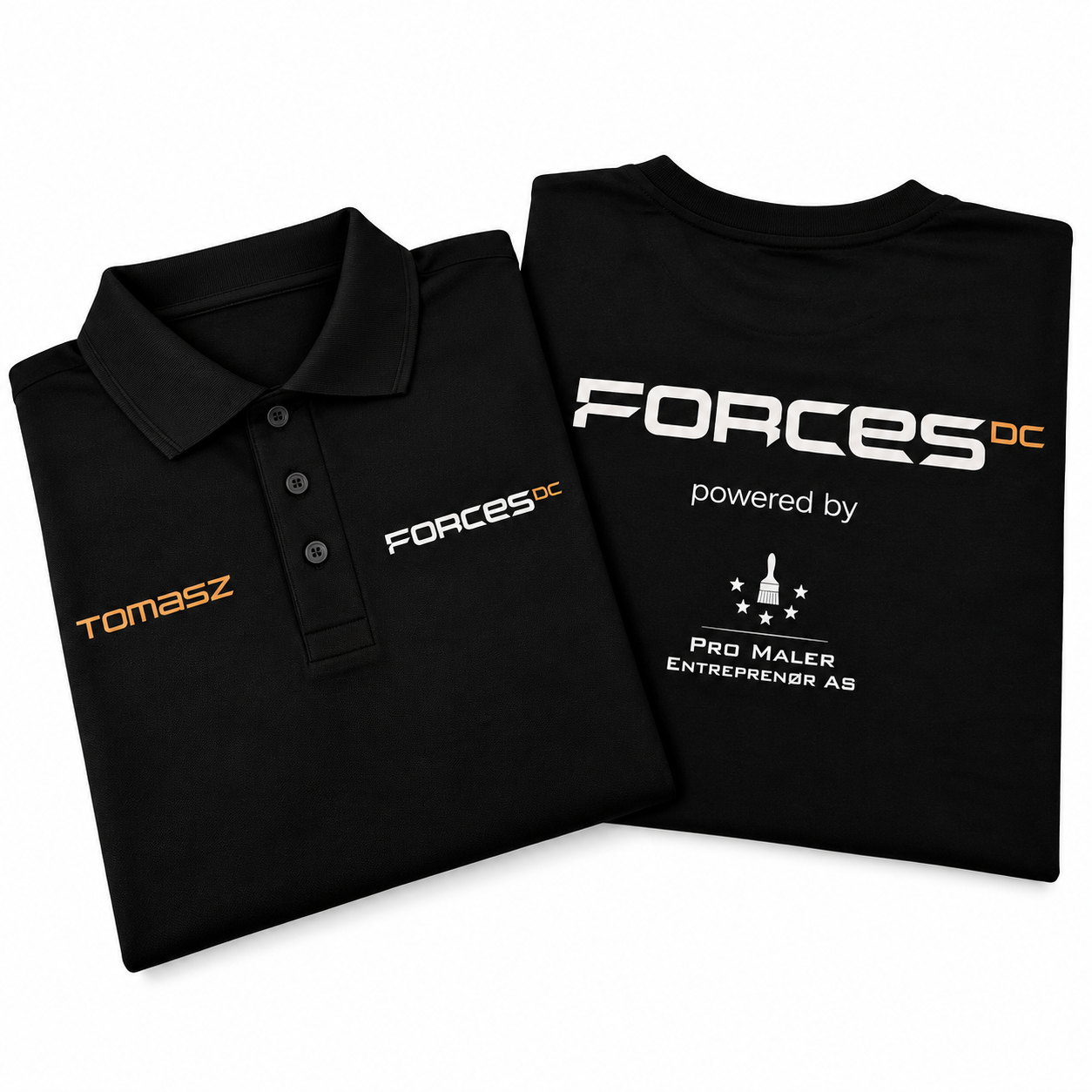 Czarna koszulka polo i T-shirt z nadrukiem FORCES DC oraz Pro Maler Entreprenør AS – realizacja PrintyTG