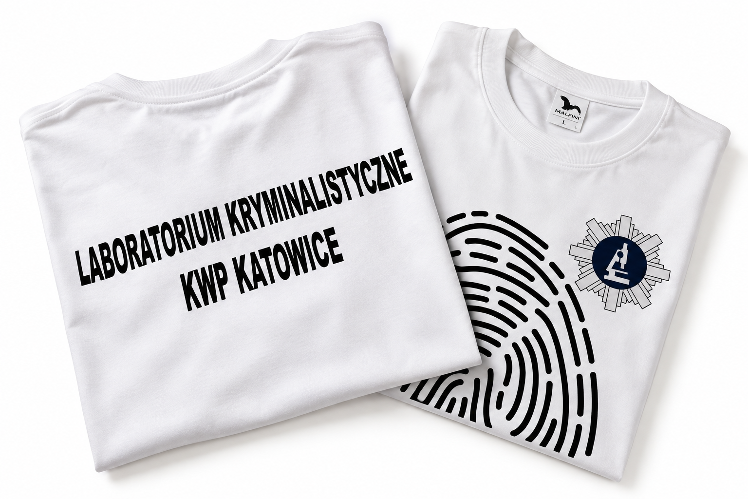 Białe koszulki z nadrukiem Laboratorium Kryminalistyczne KWP Katowice – realizacja PrintyTG