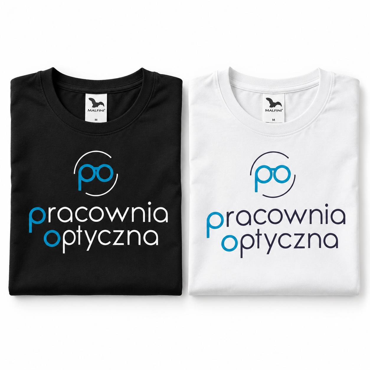 Czarne i białe koszulki damskie z nadrukiem Pracownia Optyczna – realizacja PrintyTG