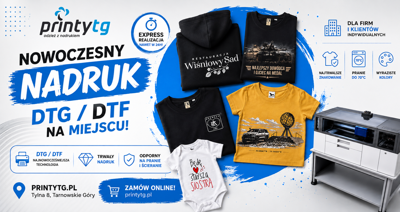 Odzież z nadrukami DTG i DTF oraz drukarka w pracowni PrintyTG w Tarnowskich Górach